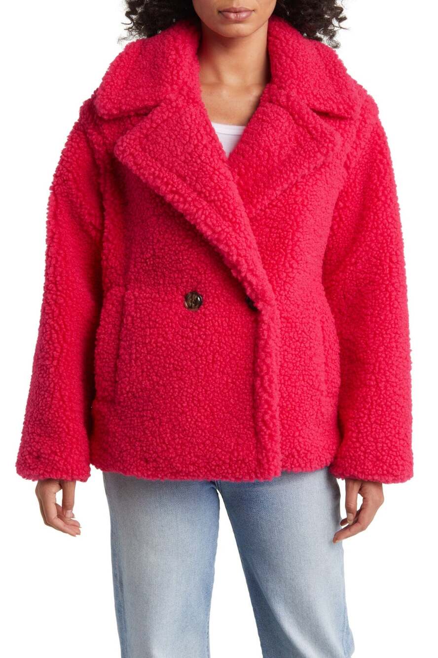 UGG Womens Gertrude Teddy Faux Shearling Coat 3X Pink Winter Cozy Layers Vibrant